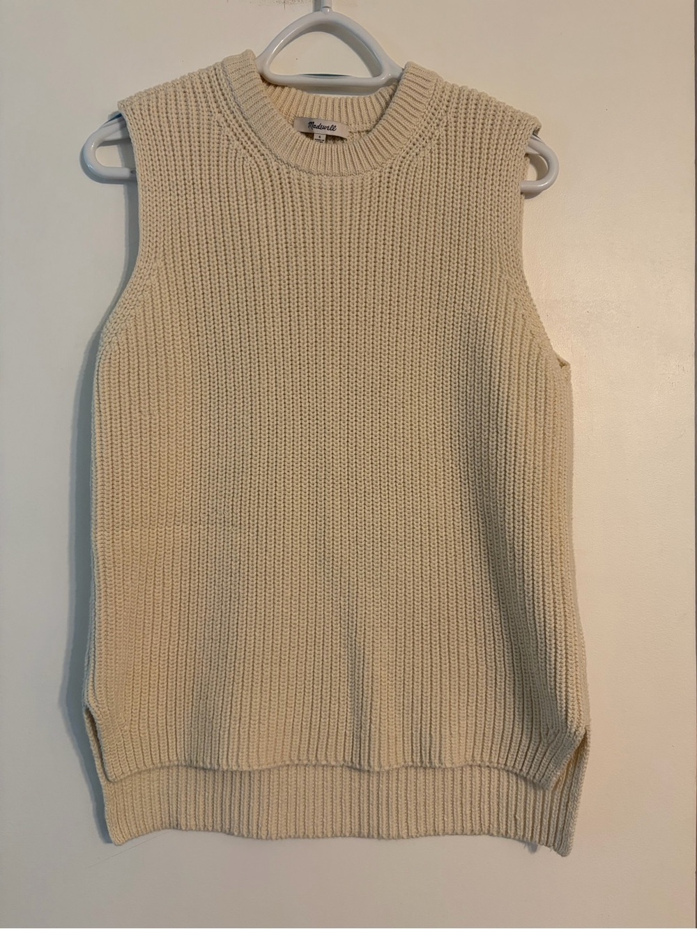 Madewell Cream Ribbed Chunky Knit Crewneck Sweater Vest Small 100% Cotton
